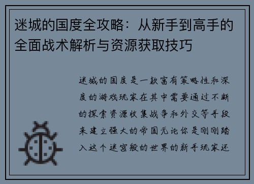 迷城的国度全攻略：从新手到高手的全面战术解析与资源获取技巧